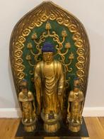 Carved wooden buddhist Amida triad  - sculptuur Hout -