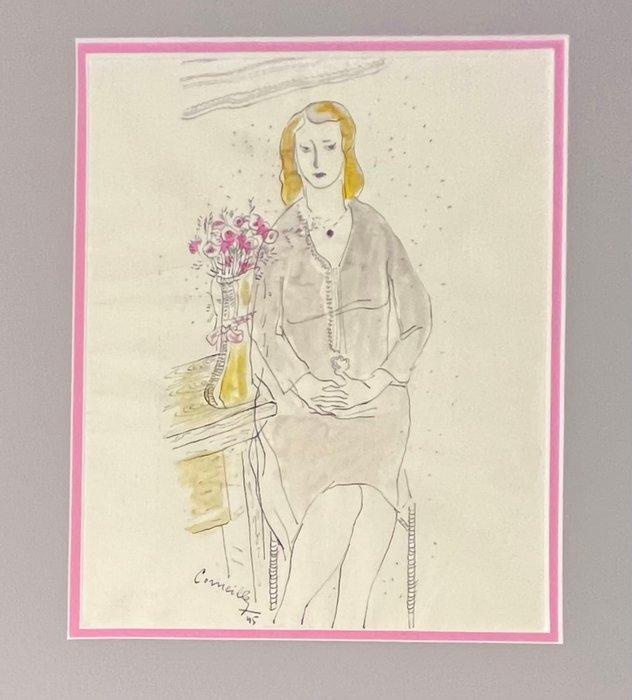 Corneille (1922-2010) - Portrait au bouquet de fleurs, Antiek en Kunst, Kunst | Designobjecten