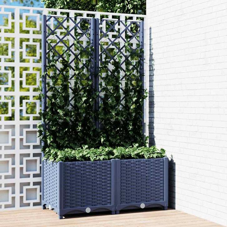 vidaXL Plantenbak met trellis blauwgrijs 80x40x136 cm PP, Tuin en Terras, Bloembakken en Plantenbakken, 60 tot 100 cm, Nieuw, Kunststof