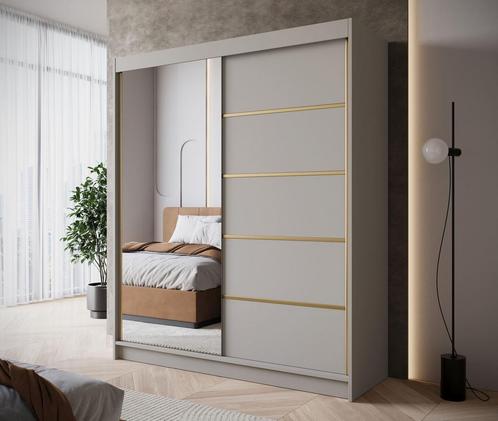 Kledingkast 180cm beige met goud schuifdeuren Met spiegel, Huis en Inrichting, Kasten | Vitrinekasten, 50 tot 75 cm, Nieuw, 200 cm of meer