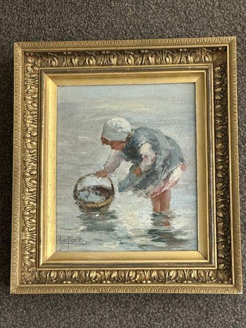Jean Lefort (1948) - Little girl looking for shells, Antiek en Kunst, Kunst | Schilderijen | Klassiek