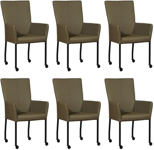 Set van 6 Olijfgroene leren moderne eetkamerstoelen - met ar, Huis en Inrichting, Stoelen, Vijf, Zes of meer stoelen, Overige kleuren