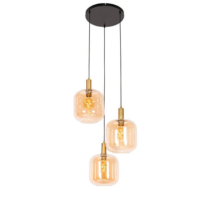 Design hanglamp zwart met messing en amber glas 3-lichts -, Huis en Inrichting, Lampen | Hanglampen, Nieuw, Glas, Verzenden