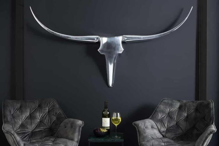 Modern design wanddecoratie BULL XL 120cm zilver aluminium, Huis en Inrichting, Woonaccessoires | Overige, Ophalen of Verzenden