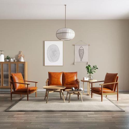 vidaXL 3-delig Bankstel echt leer met massief acaciahout, Huis en Inrichting, Banken | Bankstellen, Nieuw, Minder dan 150 cm, Leer