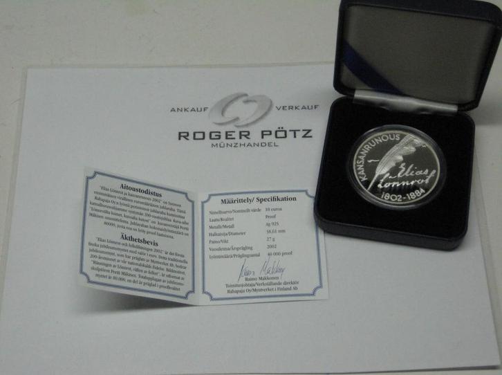 Finnland 10 Euro 2002 Elias Loennrot Pp Ovp zilver, Postzegels en Munten, Munten | Europa | Euromunten, Verzenden
