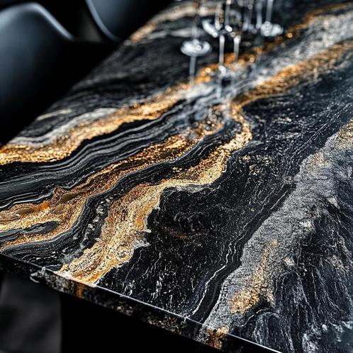 Luxe Magma Gold Kwartsiet Eettafel 200x90 cm Zwart met Goud, Huis en Inrichting, Tafels | Eettafels, 50 tot 100 cm, 200 cm of meer