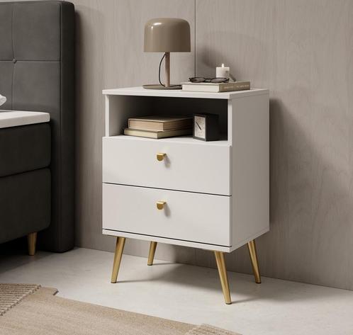 Meubella Nachtkastje wit 50 cm met lade goud, Huis en Inrichting, Slaapkamer | Nachtkastjes, Nieuw, Verzenden