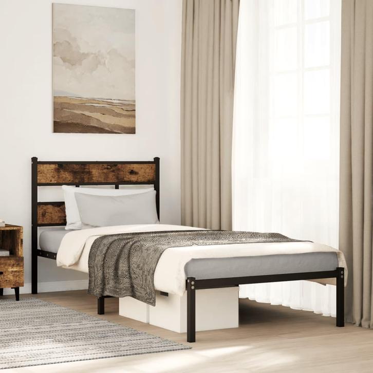 vidaXL Bedframe zonder matras metaal gerookt eikenkleurig, Huis en Inrichting, Slaapkamer | Bedden, 100 cm, 190 cm of minder, Bruin