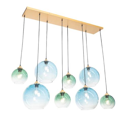 Hanglamp messing met blauw en groen glas 8-lichts - Sandra, Huis en Inrichting, Lampen | Hanglampen