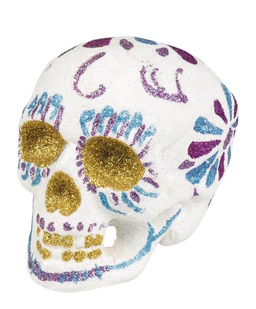 Sugar skull Glitter wit (16 x 14 cm) Dia de los Muertos /, Hobby en Vrije tijd, Feestartikelen, Nieuw, Verzenden