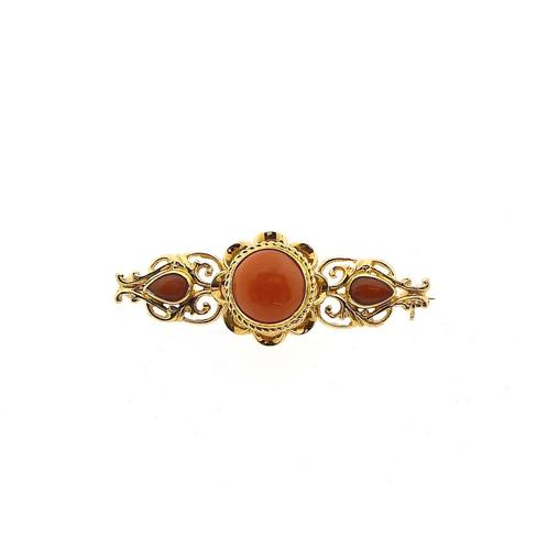 Antiek gouden broche met bloedkoraal (vintage sieraden), Sieraden, Tassen en Uiterlijk, Broches, Overige kleuren, Gebruikt, Met edelsteen