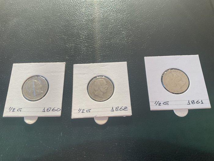 Nederland. Willem III. 1/2 Gulden 1860-1861-1862 (Zonder, Postzegels en Munten, Munten | Nederland