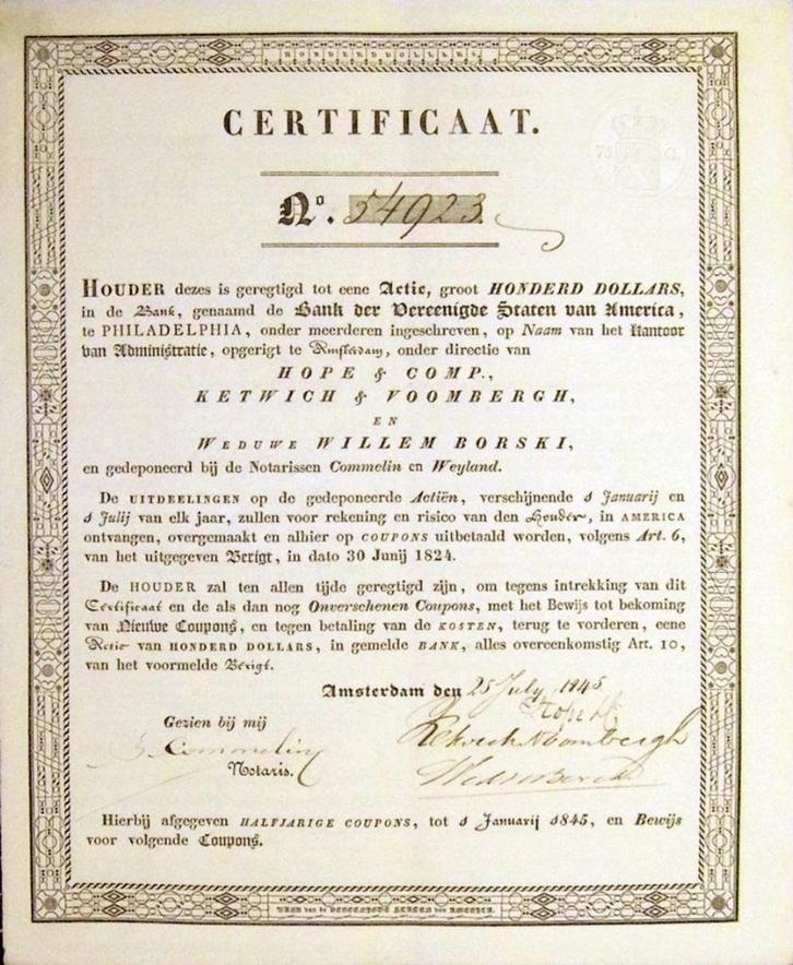 Bank der Vereenigde Staten van Amerika, A&#39;dam, 1845, Postzegels en Munten, Aandelen en Waardepapieren, Certificaat van aandeel