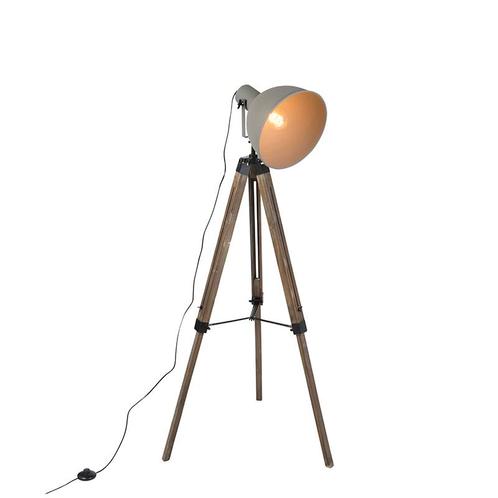 Industriële vloerlamp op houten tripod met grijze kap - Laos, Huis en Inrichting, Lampen | Vloerlampen, Nieuw, Overige materialen
