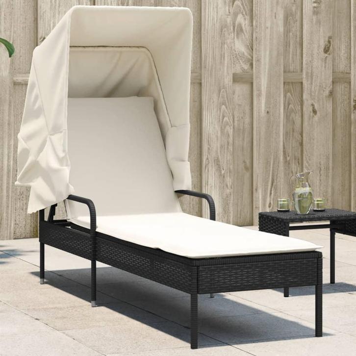 vidaXL Ligbed met luifel poly rattan zwart, Tuin en Terras, Ligbedden, Nieuw, Verzenden