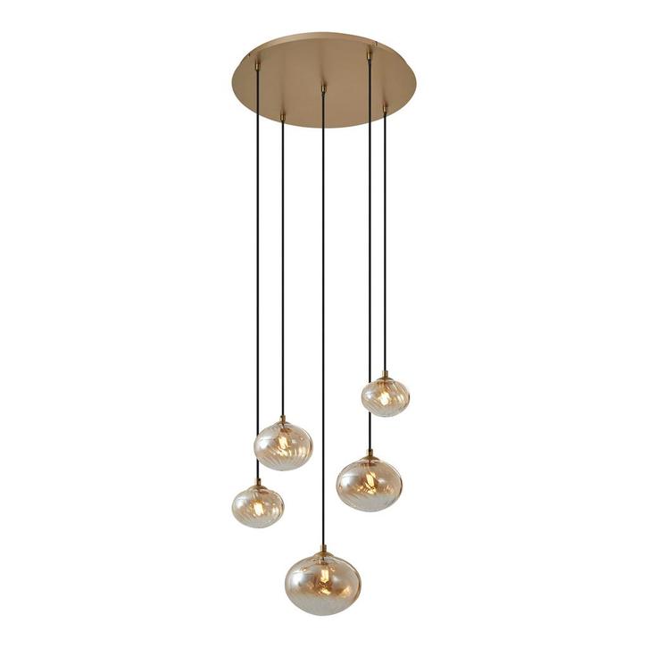 Art Deco hanglamp goud met amber glas - Jia, Huis en Inrichting, Lampen | Hanglampen, Nieuw, Overige materialen, 75 cm of meer