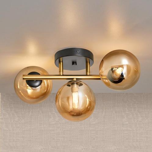 Plafondlamp Goud met 3 Amber Glasbollen, Huis en Inrichting, Lampen | Plafondlampen, Nieuw, Glas, Metaal, Verzenden
