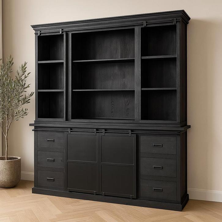 Buffetkast Mangohout Milan 200 Recht Zwart, Huis en Inrichting, Kasten | Buffetkasten, Nieuw, Overige houtsoorten, Verzenden