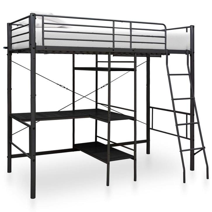vidaXL Stapelbedframe met tafel metaal zwart 90x200 cm, Huis en Inrichting, Slaapkamer | Bedden, 90 cm, 200 cm, Zwart, Eenpersoons
