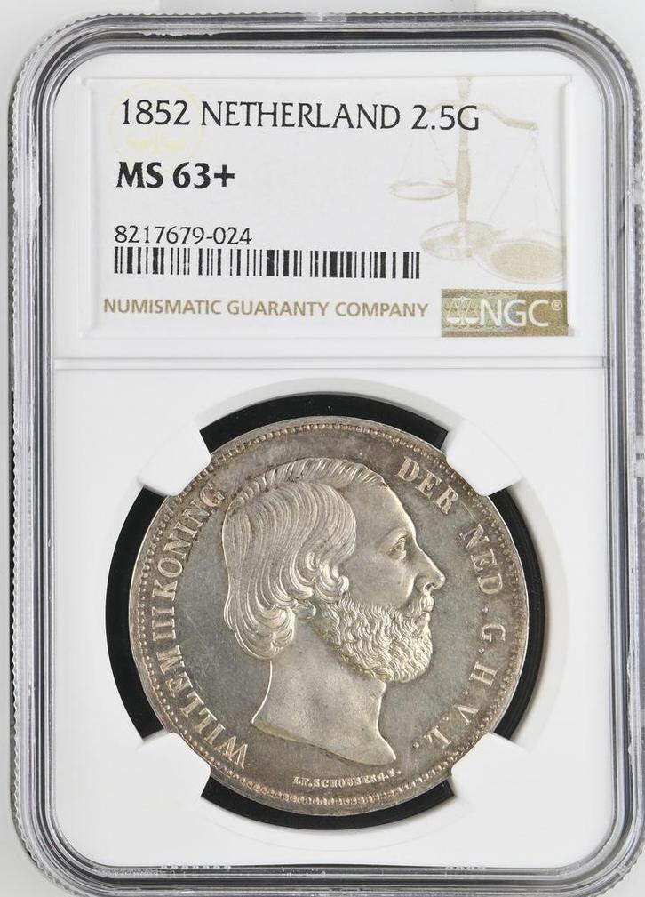 Koning Willem III 2 1/2 Gulden 1852 MS63+ NGC gecertificeerd, Postzegels en Munten, Munten | Nederland, Losse munt, Koning Willem III