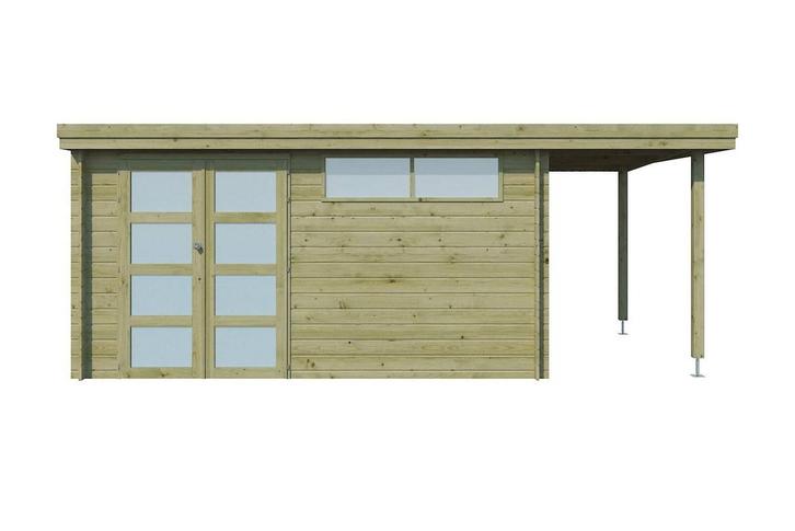 Woodlands Blokhut Oregon met Overkapping Geïmpregneerd 565 x, Tuin en Terras, Tuinhuizen