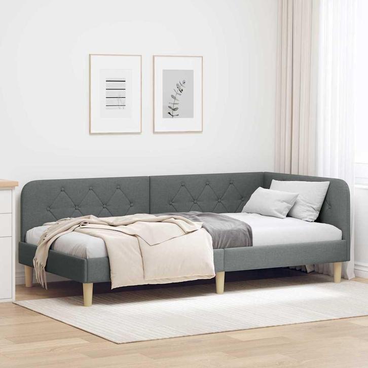 vidaXL Hoekbedframe met hoofdeinde Donkergrijs 90 x 190 cm, Huis en Inrichting, Slaapkamer | Bedden, Grijs, Nieuw, Stof, Verzenden