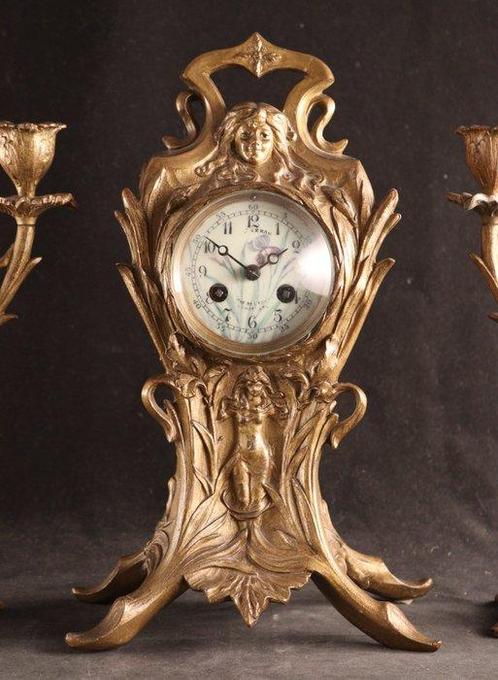 Klok - Art Nouveau klokstel - Metaal - 1900-1910, Antiek en Kunst, Kunst | Designobjecten