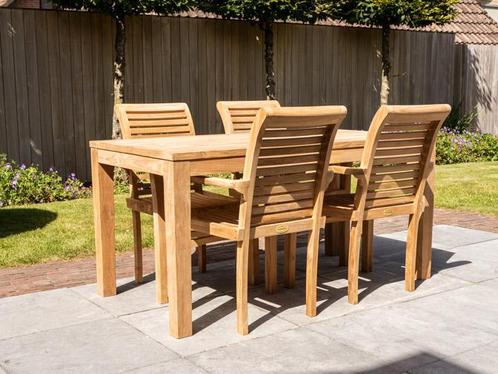 Teak tuinstel 80x160cm + 4 stapelstoelen en kussens!, Tuin en Terras, Tuinsets en Loungesets, Eettafel, Stoel, 4 zitplaatsen, Nieuw