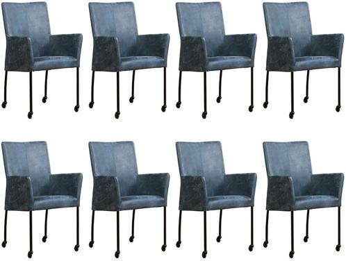 Set van 8 Blauwe leren moderne eetkamerstoelen - Kenia Leer, Huis en Inrichting, Stoelen, Vijf, Zes of meer stoelen, Overige kleuren