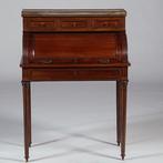 Frans cilinderbureautje in donker mahonie met donkerblauw le, Ophalen of Verzenden