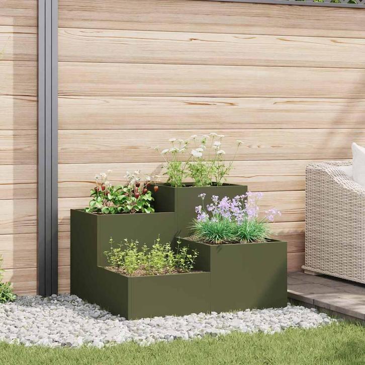 vidaXL Tuin Bloempot Olijfgroen 80 x 80 x 60 cm Staal, Tuin en Terras, Bloembakken en Plantenbakken, 60 tot 100 cm, Nieuw, Metaal