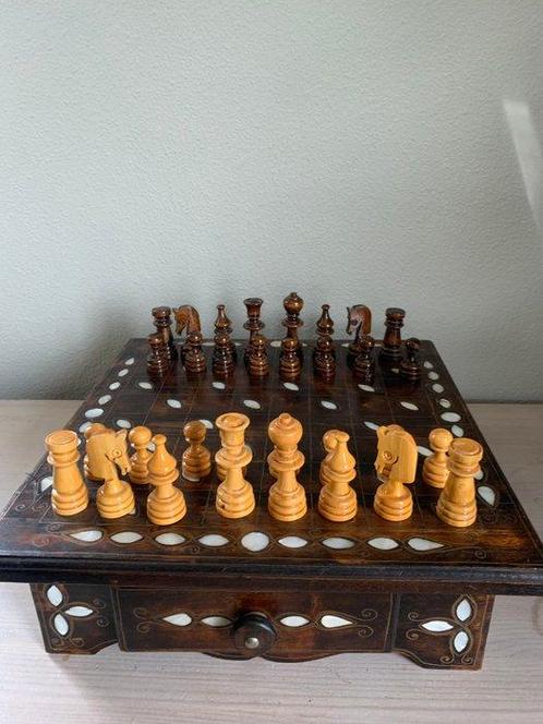 Schaakspel - Koper parelmoer hout, Antiek en Kunst, Curiosa en Brocante