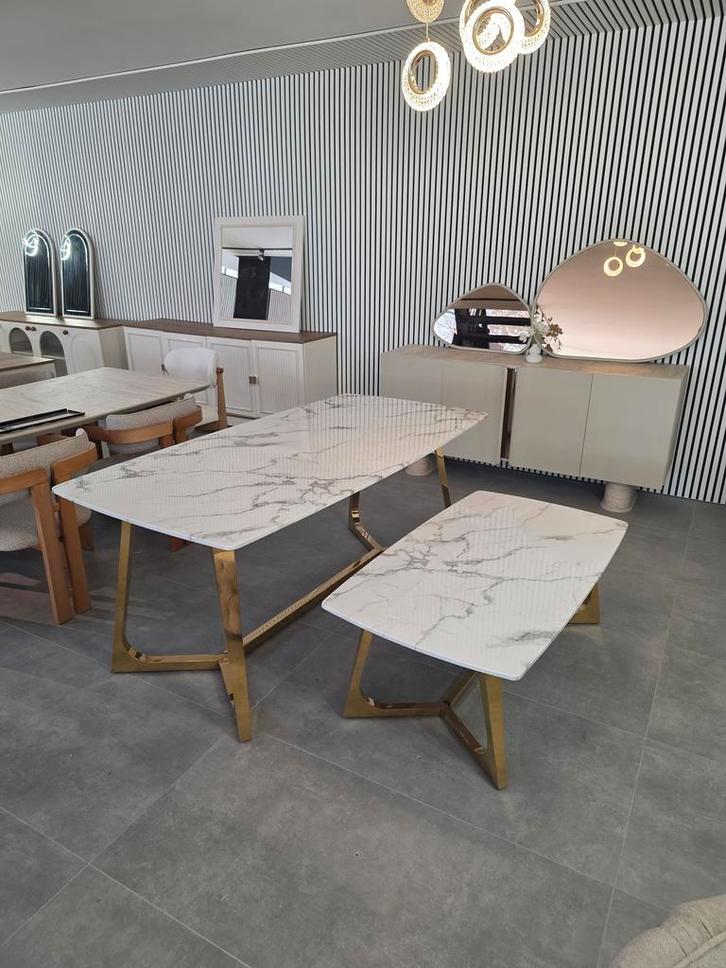 OP-OP=Luxe Marmer eattafel+Salontafels Gouden 180cm- € 949, Huis en Inrichting, Tafels | Eettafels, Nieuw, Overige materialen