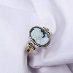 Gouden zegelring met blauwe camee en diamant | 0,04 ct., Sieraden, Tassen en Uiterlijk, Ringen, Goud, Met edelsteen, Gebruikt