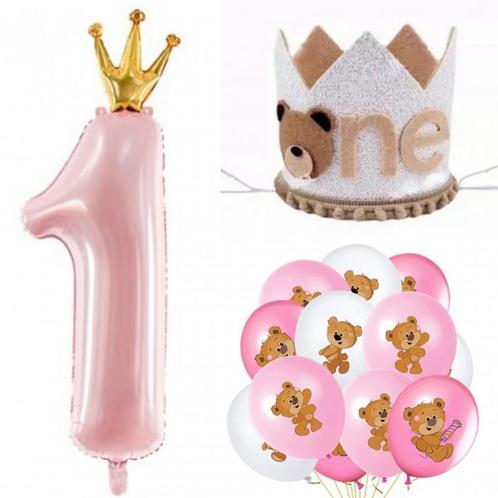 14-delige eerste verjaardag cakesmash set Bear roze, Hobby en Vrije tijd, Feestartikelen, Verjaardag, Feestartikel, Nieuw, Verzenden