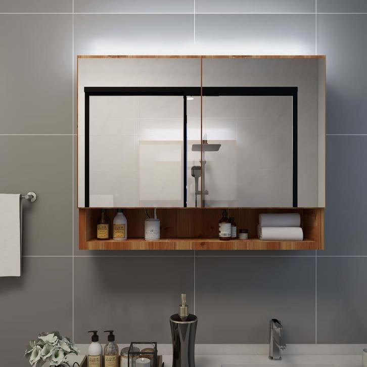 vidaXL Badkamerspiegelkast LED 80x15x60 cm MDF eikenkleurig, Huis en Inrichting, Tafels | Kaptafels, Nieuw, Verzenden