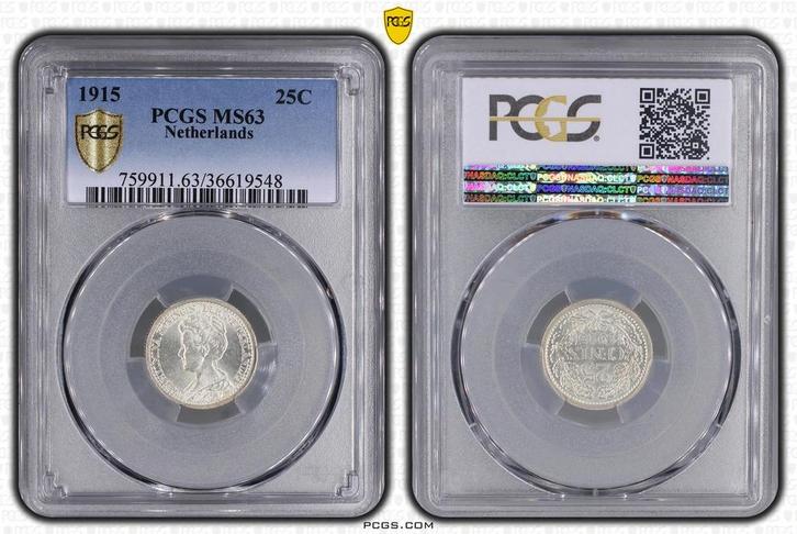 Koningin Wilhelmina 25 cent 1915 MS63 PCGS gecertificeerd, Postzegels en Munten, Munten | Nederland, Losse munt, 25 cent, Koningin Wilhelmina