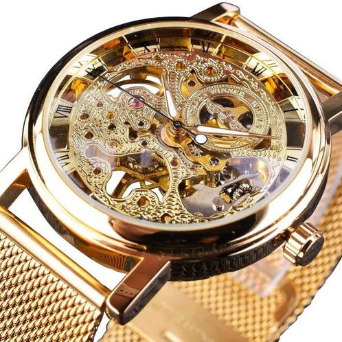 Gouden Kast Luxe Horloge voor Heren - Mesh Bandje, Sieraden, Tassen en Uiterlijk, Smartwatches, Nieuw, Verzenden