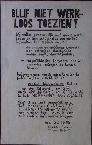 Poster over bijeenkomst over de belangen van werklozen beschikbaar voor biedingen