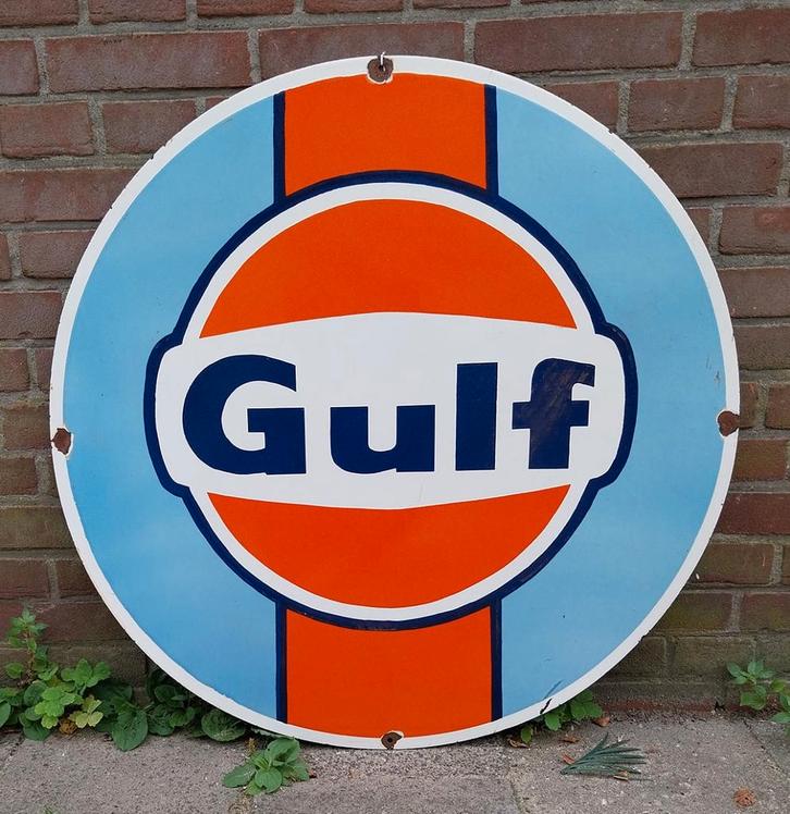 Gulf Logo Zwaar Emaille Bord - Ø76cm - Vintage, Verzamelen, Merken en Reclamevoorwerpen, Ophalen