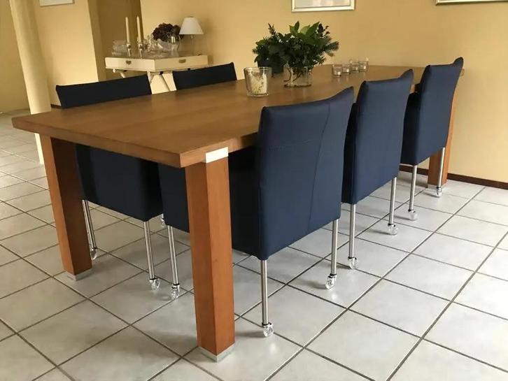 Set van 6 leren kuipstoelen met wieltjes - blauw leer, Huis en Inrichting, Stoelen, Nieuw, Leer, Ophalen of Verzenden