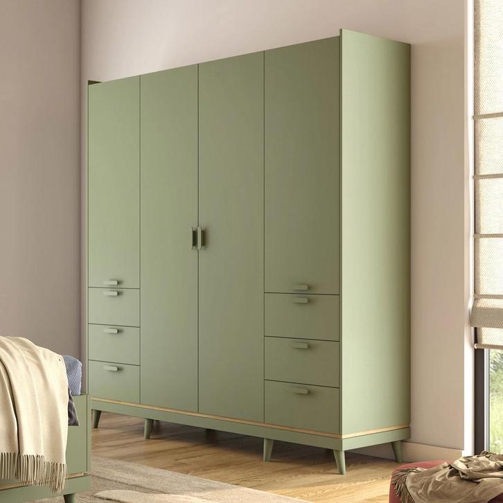 Kledingkast Skagen - Groen - 4-Deurs met Lades, Huis en Inrichting, Kasten | Kledingkasten, Nieuw, Met lade(s), Met deur(en), Met plank(en)