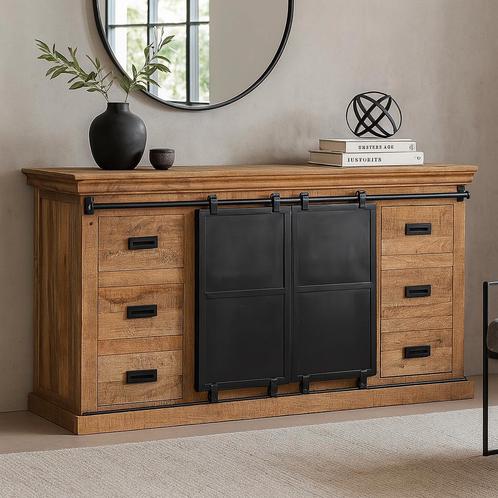 Dressoir Mangohout Milan 260 cm, Huis en Inrichting, Kasten | Dressoirs, 200 cm of meer, 25 tot 50 cm, Nieuw, Overige houtsoorten