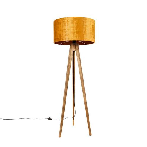 Landelijke tripod vintage hout met kap goud 50 cm - Tripod, Huis en Inrichting, Lampen | Vloerlampen, Nieuw, Overige materialen