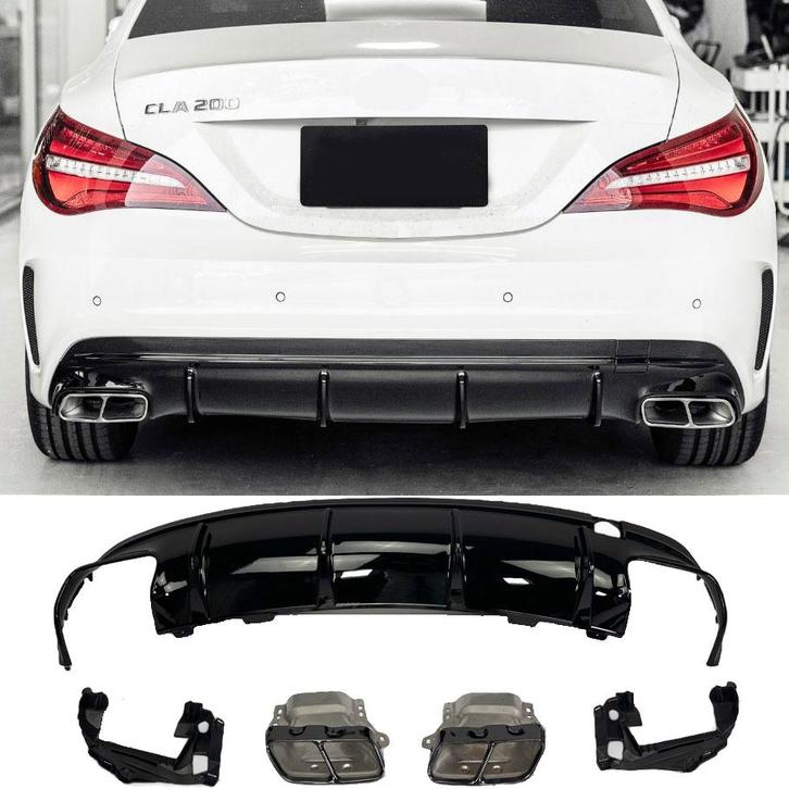 Diffusor + uitlaatsierstukken (ZWART) CLA 45 voor Mercedes C, Auto-onderdelen, Carrosserie en Plaatwerk, Nieuw, Ophalen of Verzenden