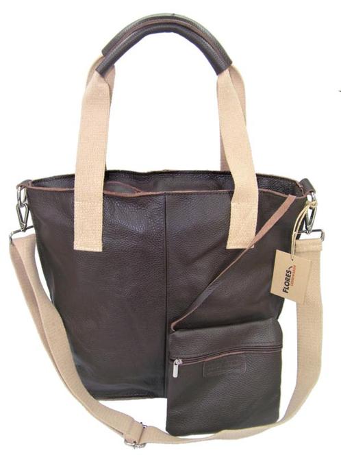 Flores Lederwaren donkerbruine leren shopper met canvas acce, Sieraden, Tassen en Uiterlijk, Tassen | Schoudertassen, Nieuw, Verzenden