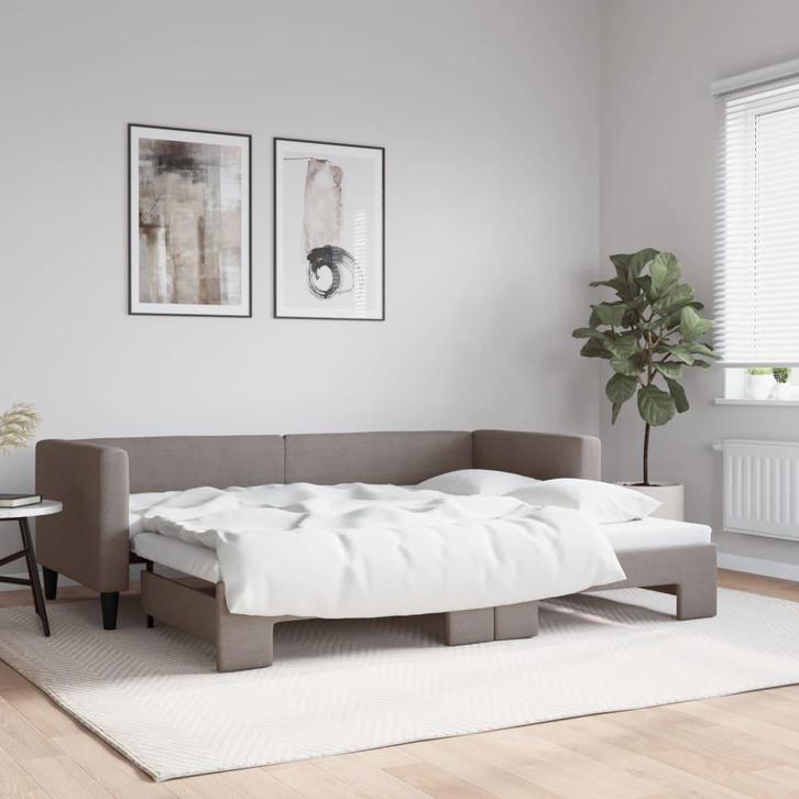 vidaXL Slaapbank met onderschuifbed 80x200 cm stof taupe, Huis en Inrichting, Slaapkamer | Bedden, 80 cm, 200 cm, Eenpersoons