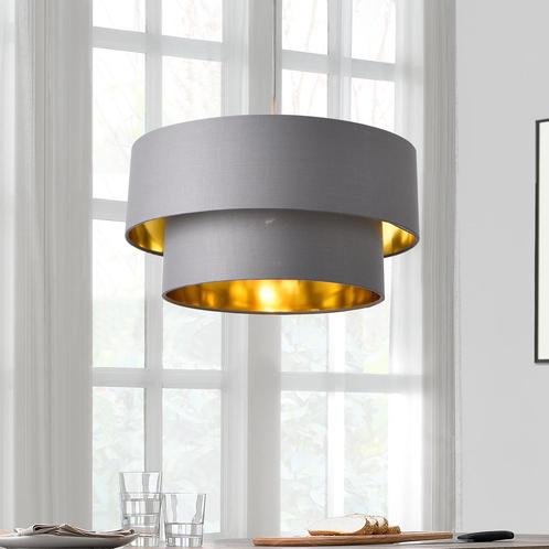 Design hanglamp Lopar metaal en stof E27 Ø40 grijs en goud, Huis en Inrichting, Lampen | Hanglampen, Nieuw, Verzenden
