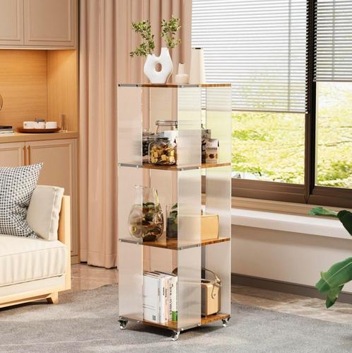 Stellingkast op Wielen – Opbergrek Acrylpaneel + Walnoothout, Huis en Inrichting, Kasten | Stellingkasten, Nieuw, Verzenden